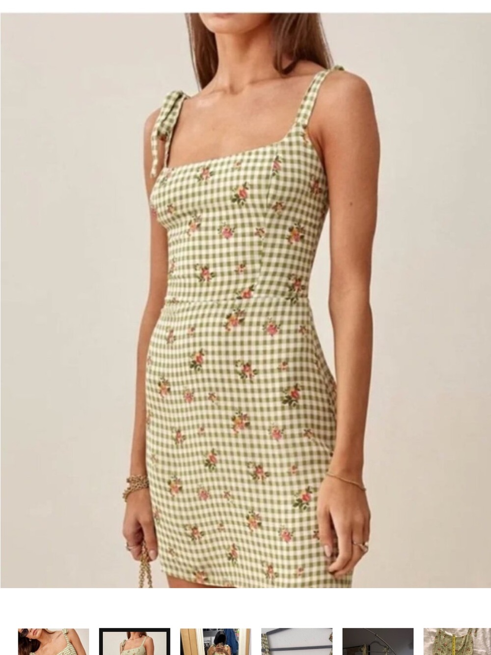Reformation Green Gingham Mini Dress with Floral Print